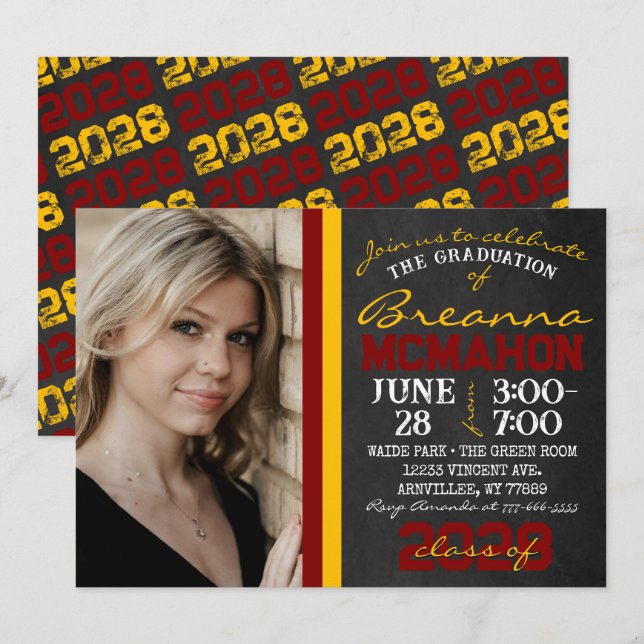 Maroon & Gold Chalkboard Graduation Photo Invitation (Front/Back)