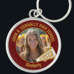 Maroon Gold Cheerleader Photo High School Keychain<br><div class="desc">This cool customized high school cheerleader photo gift features gold typography of your team and player name on a maroon keychain with a cheer megaphone. Personalize with your student's photograph and class year as a proud cheerleading parent. A great gift for a mom or dad.</div>