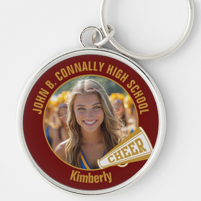 Maroon Gold Cheerleader Photo High School Keychain (Front)
