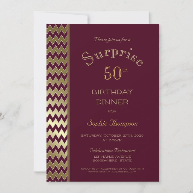Maroon Gold Chevron Surprise 50th Birthday Dinner Invitation (Front)
