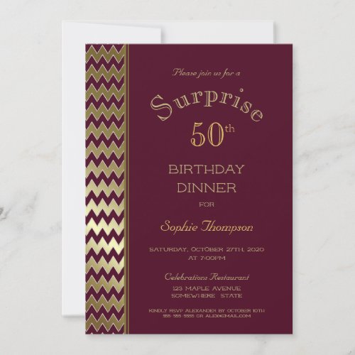 Maroon Gold Chevron Surprise 50th Birthday Dinner Invitation