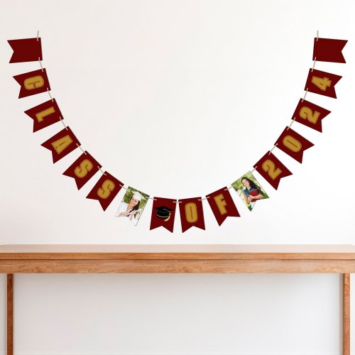Maroon Gold Class of 2024 Photo Graduation Party Bunting Flags