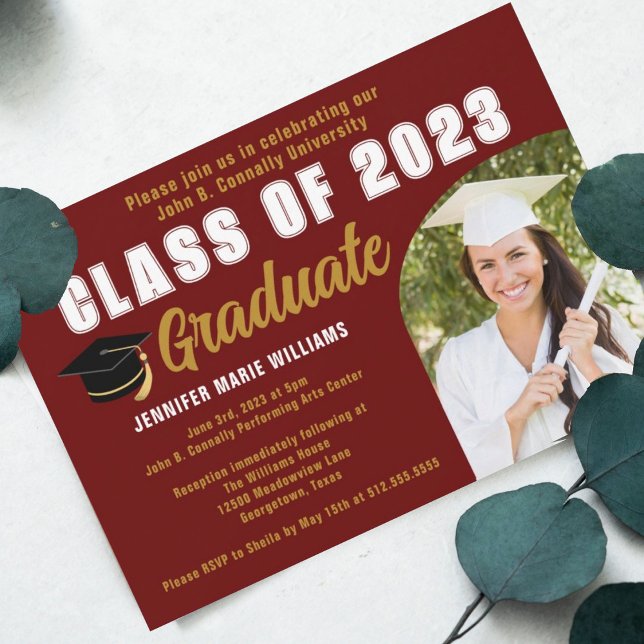 Maroon Gold Class of 2025 Photo Graduation Party Invitation (Creator Uploaded)