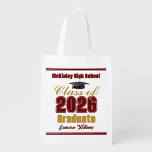 Maroon Gold Class of 2026 Custom Graduation Party Grocery Bag