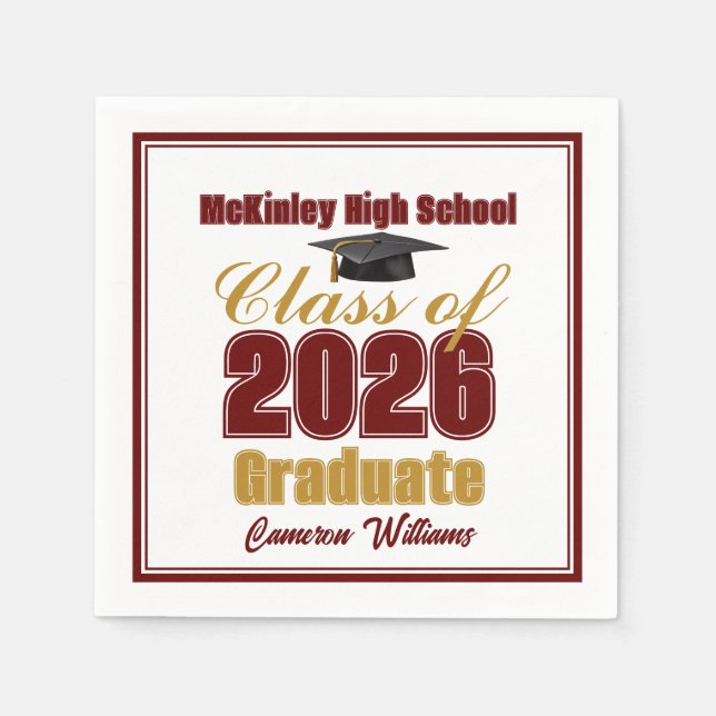 Maroon Gold Class of 2026 Custom Graduation Party Napkins (Front)