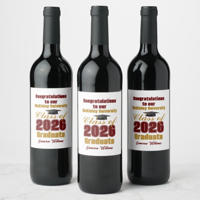 Maroon Gold Class of 2026 Custom Graduation Party Wine Label (Bottles)