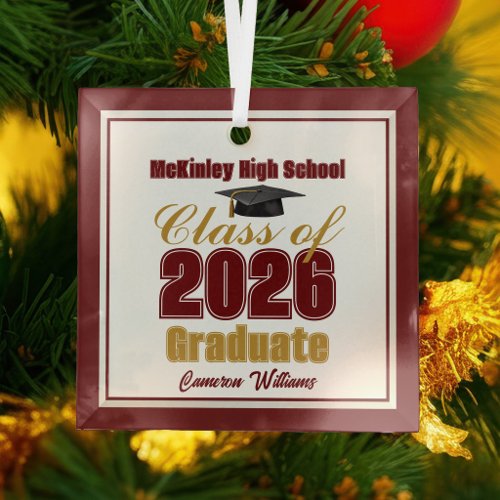 Maroon Gold Class of 2026 Graduation Christmas Glass Ornament