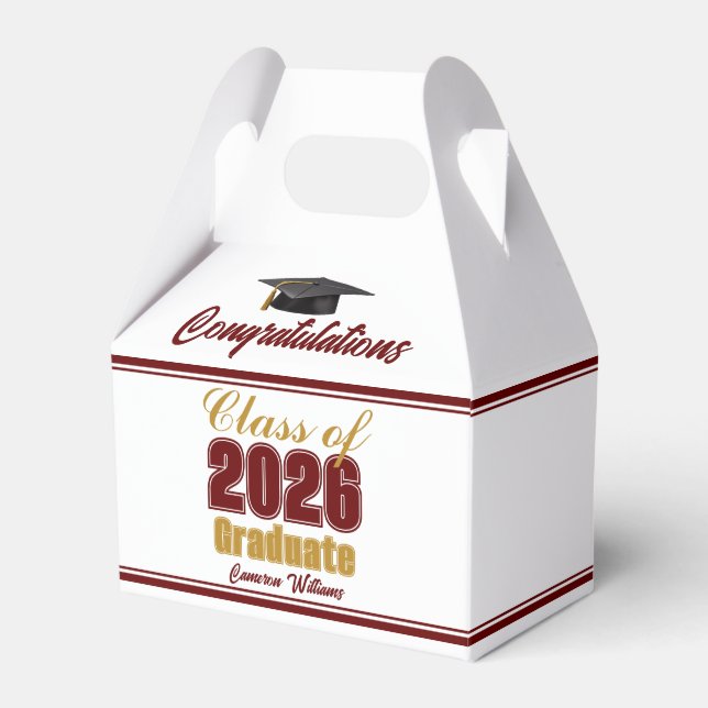 Maroon Gold Class of 2026 Graduation Party Favor Boxes (Front Side)