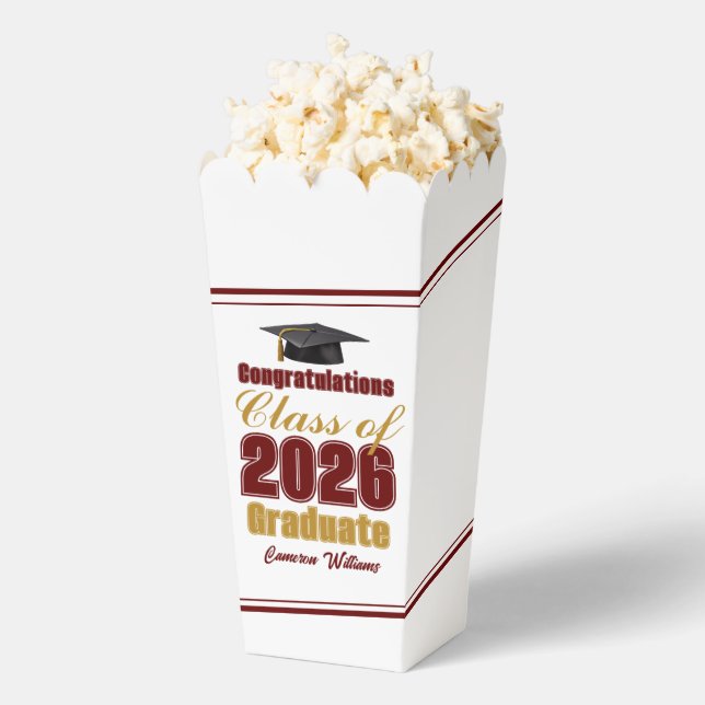 Maroon Gold Class of 2026 Graduation Party Popcorn Favor Boxes (Popped)