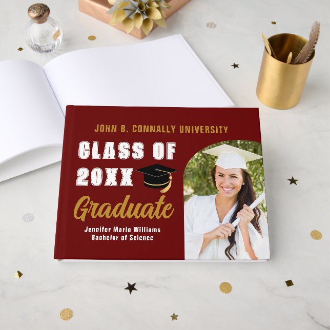 Maroon Gold Class of 2026 Photo Custom Graduation Guest Book (Front Open)