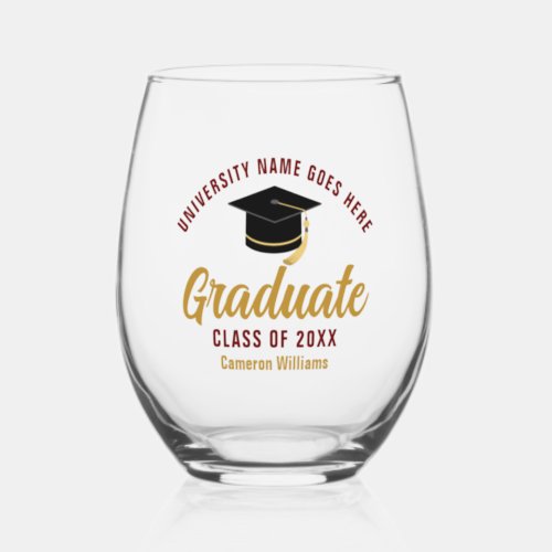 Maroon Gold College Graduation Custom Graduate Stemless Wine Glass