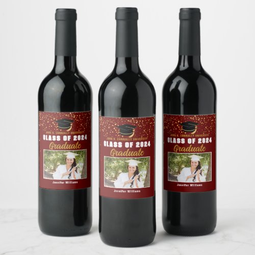 Maroon Gold College Graduation Photo 2024 Party Wine Label