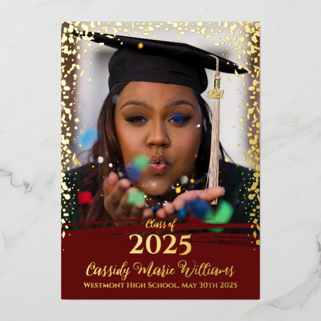 Maroon Gold Confetti Foil Graduation Announcement (Front)