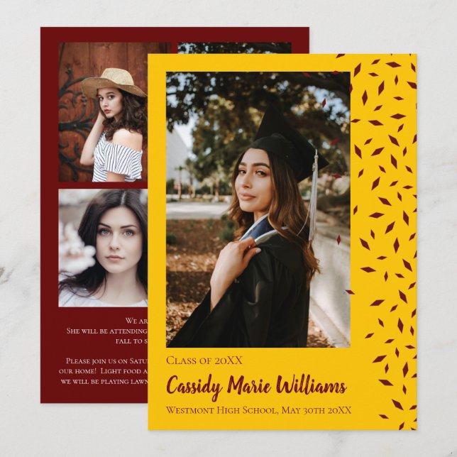 Maroon Gold Confetti Graduation Announcement (Front/Back)