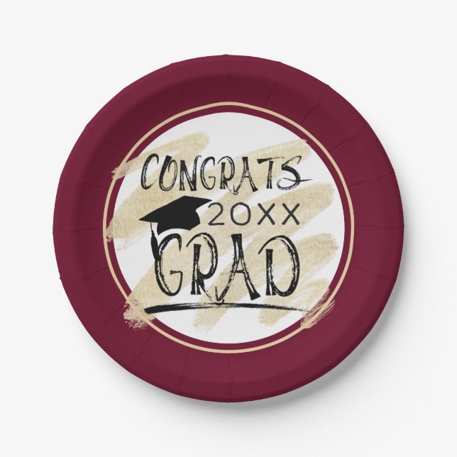 Maroon Gold CONGRATS GRAD Class Year Paper Plates (Front)