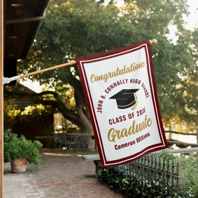 Maroon Gold Congratulations Graduate Customized House Flag (In SItu)