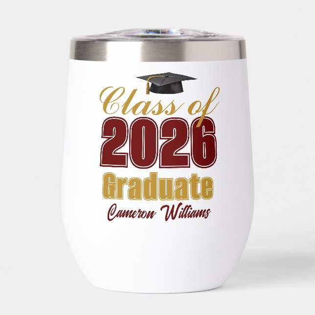 Maroon Gold Customized Class of 2026 Graduation Thermal Wine Tumbler (Front)