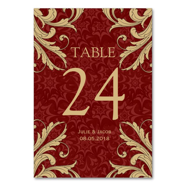 Maroon Gold Damask Wedding Table Cards (Front)