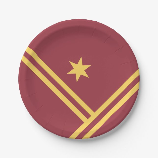 Maroon Gold Diagonal Stripes Star Modern Graphic Paper Plates (Front)