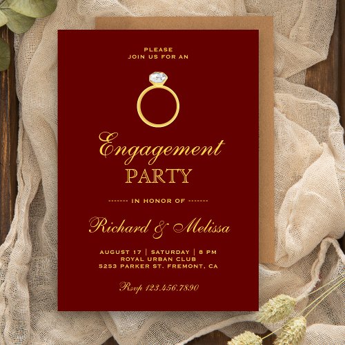 Maroon Gold Diamond Ring Engagement Party Invite