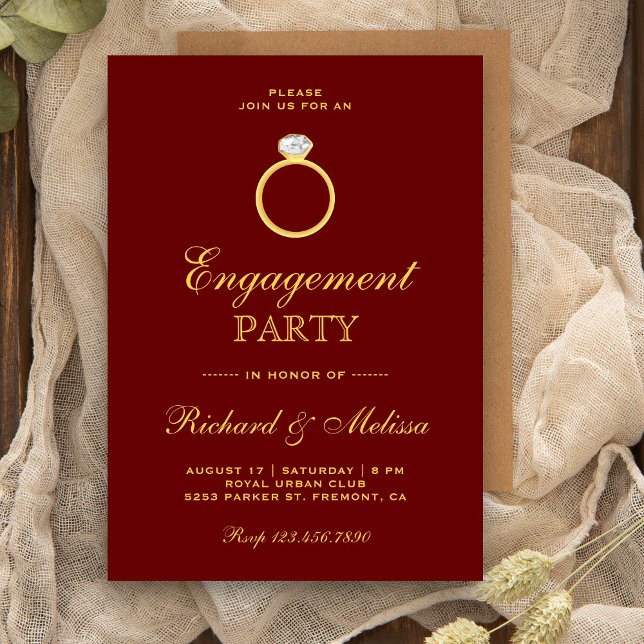 Maroon Gold Diamond Ring Engagement Party Invite (Creator Uploaded)