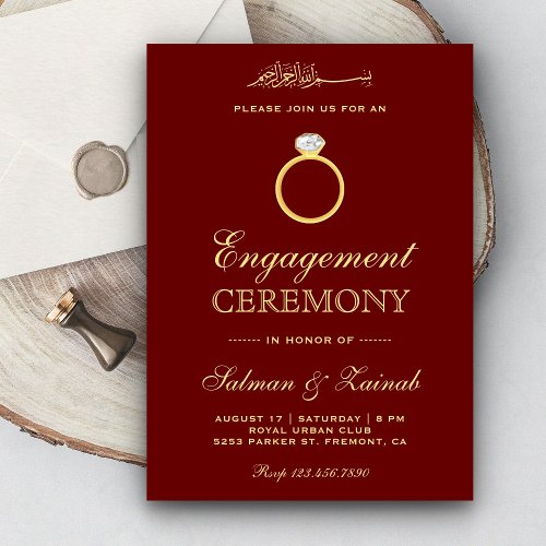 Maroon Gold Diamond Ring Islamic Muslim Engagement Invitation