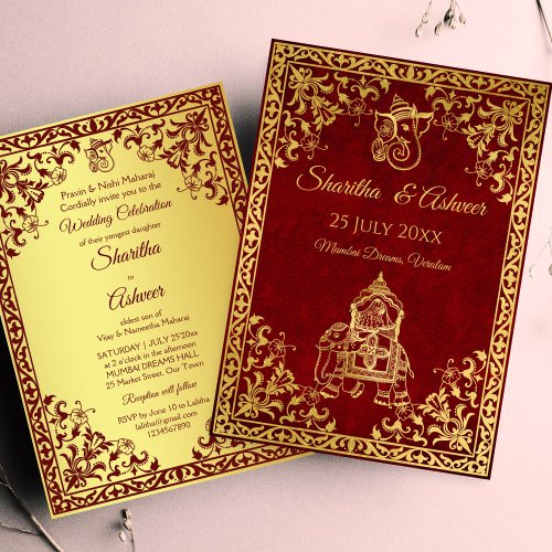 Maroon gold elephant Indian brides luxury wedding Invitation