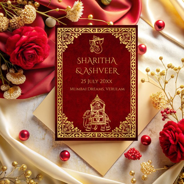 Maroon gold elephant Indian brides luxury wedding Invitation (Maroon gold elephant Indian brides luxury wedding Invitation cards template)