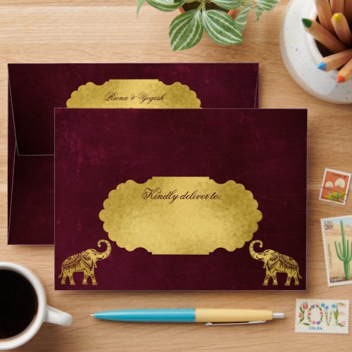 Maroon gold elephants Indian wedding matching 5x7 Envelope