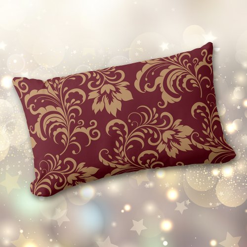 Maroon Gold Floral Swirl Lumbar Pillow