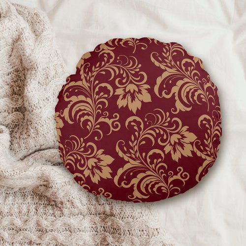 Maroon Gold Floral Swirl Round Pillow