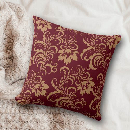 Maroon Gold Floral Swirl Throw Pillow