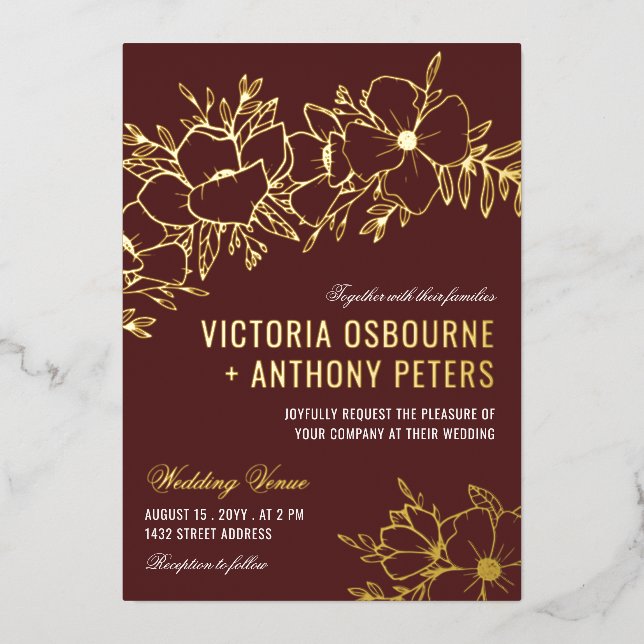 Maroon & Gold Flowers Floral Wedding Foil Invitation (Front)