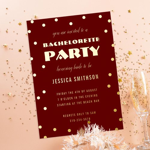 Maroon Gold Foil Confetti Bachelorette Party Foil Invitation
