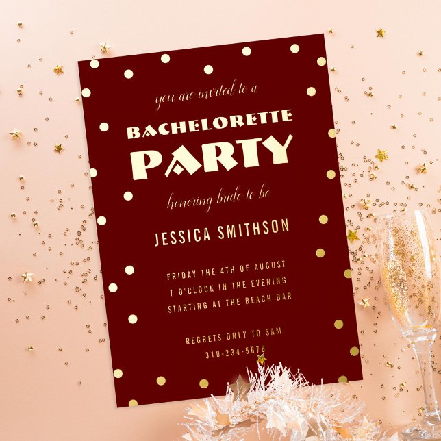 Maroon Gold Foil Confetti Bachelorette Party Foil Invitation (Creator Uploaded)