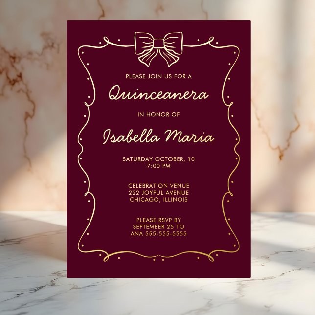 Maroon Gold Foil Quinceañera Invitation Hand Drawn (Creator Uploaded)