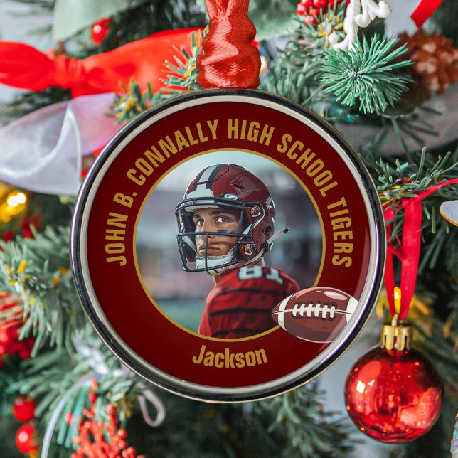 Maroon Gold Football Player Photo Christmas Metal Ornament (Creator Uploaded)