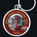 Maroon Gold Football Player Photo Commemorative Keychain<br><div class="desc">This cool customized maroon high school football player photo keychain features gold typography of your team and player name. Personalize with your athlete name next to the ball.</div>