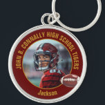 Maroon Gold Football Player Photo Commemorative Keychain<br><div class="desc">This cool customized maroon high school football player photo keychain features gold typography of your team and player name. Personalize with your athlete name next to the ball.</div>