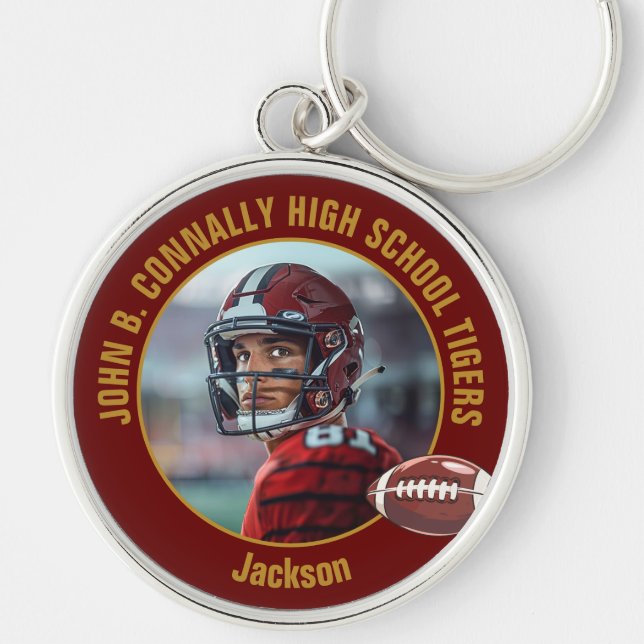 Maroon Gold Football Player Photo Commemorative Keychain (Front)