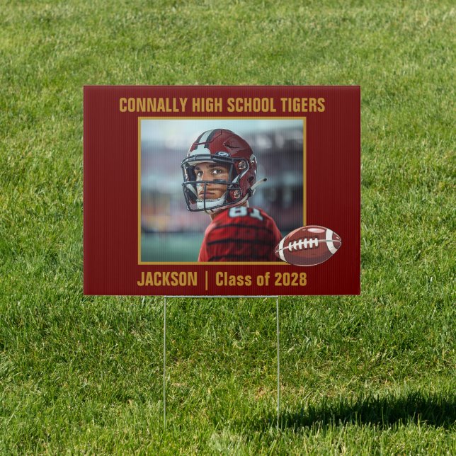 Maroon Gold Football Player Photo Graduation Yard Sign (Insitu)