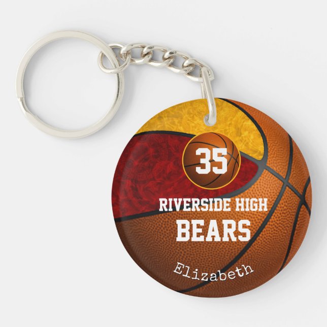 Maroon gold girls basketball play like a girl keychain (Front)