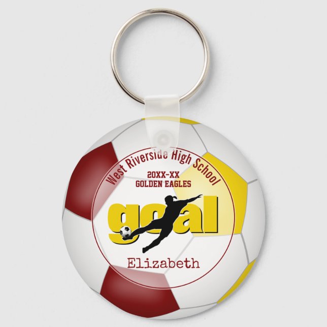 maroon gold girls soccer goal team spirit sports keychain (Front)