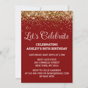 Maroon Gold Glitter 50th Birthday Let's Celebrate Invitation