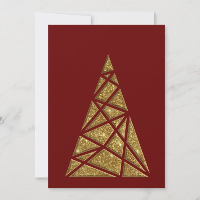 Maroon Gold Glitter Christmas Tree Flat Note Card (Front)