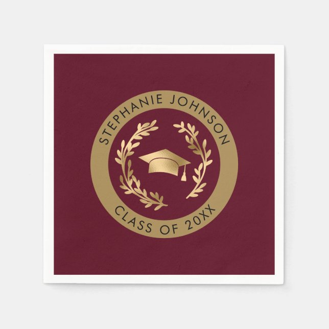 Maroon Gold Grad Cap Class of 20XX Party Napkins (Front)