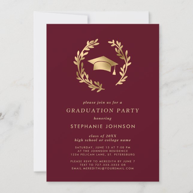 Maroon Gold Grad Cap Wreath Chic Graduation Party Invitation (Front)