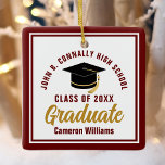 Maroon Gold Graduate 2025 Personalized Christmas Ceramic Ornament<br><div class="desc">This modern maroon and gold custom graduate Christmas ornament feature classy typography of your university or college name for the class of 2025. Customize with your graduating year next to the chic handwritten script and black grad cap for a great personalized congratulations graduation gift.</div>