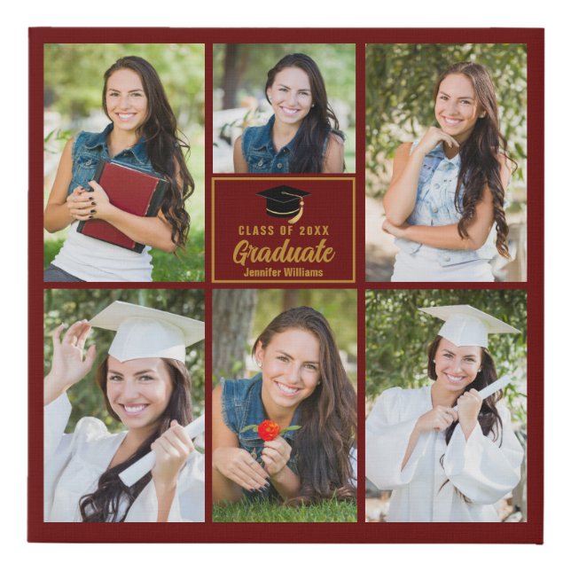 Maroon Gold Graduate 6 Photo Collage Graduation Faux Canvas Print (Front)
