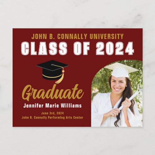 Maroon Gold Graduate Bold 2024 Graduation Party Postcard